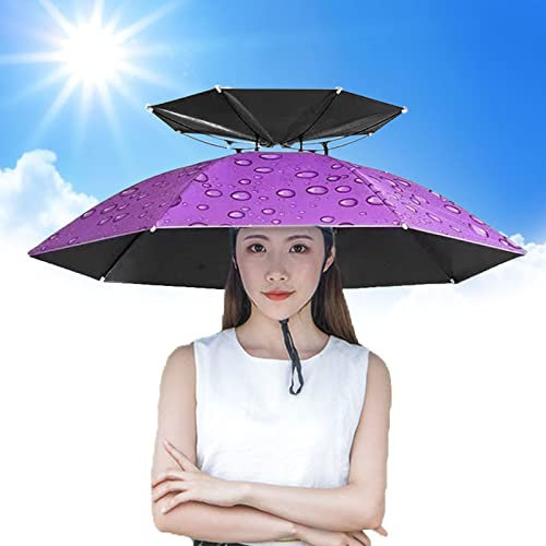 Yadlan Chapeau Parapluie de Tete Adulte, 2 Pcs Portable Chapeau de Pêche Parapluie de Plein Air, Handfree Parasol Chapeau de Plage pour Golf Jardinage Camping(Size:77cm,Color:Violet)