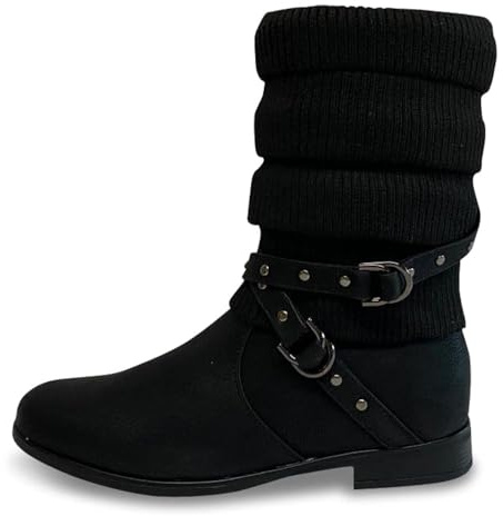 Pogolino Damen Stiefeletten Strick flach Stiefel gefüttert Boots, ST2912 Schwarz 39