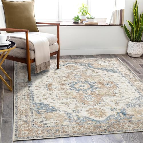 TOPICK Vintage Kurzflor waschbar faltbar Teppich Wohnzimmer 213x305 Orange | Orientalisch Teppich rutschfest Schlafzimme faltenfrei dünn antirutschunterlage Teppich Esszimmer Carpet Living Room Bedroom
