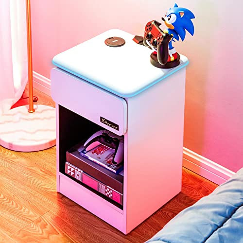 X Rocker Carbon-Tek Nachttisch – Moderner Gaming Nachtschrank mit LED-Beleuchtung & Wireless Charging Ladepad | Weiß