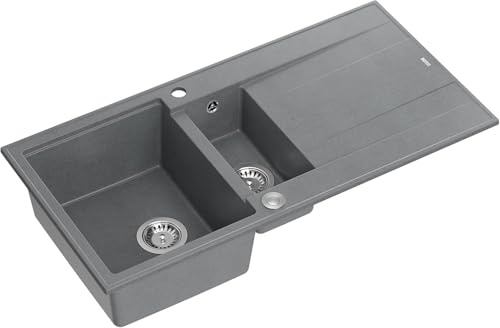 QUADRON Evier en granit | Taille 50 x 100 x 21/16 cm, Couleur: Gris et Acier | EVAN 156 Evier de cuisine double Evier | Evier de cuisine double Evier avec égouttoir | avec trou pour robinet