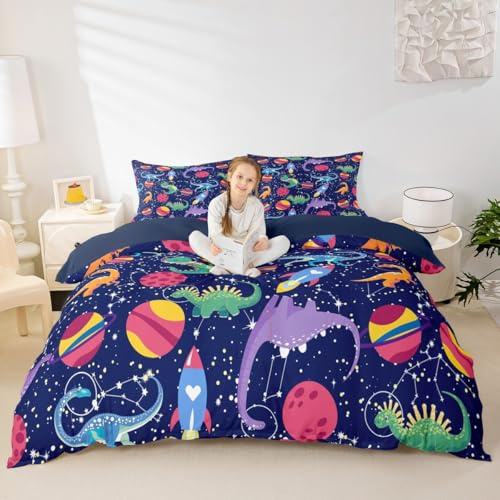 Castle Fairy Kids Cute Dino Duvet Cover Set Full Size,Cartoon Rocket Planets Stars Galaxy Comforter Cover with 2 Pillowcases,Colorful Dinosaur Animals Breathable Bedspread for Boys Teens,Pillow Sham