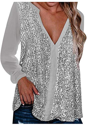 Damen Pailletten Tops Glitzer Shirt Kurzarm Oberteile Schön Glänzend Pailletten Tops Tshirt Elegant Festlich Damen bluse Mode Abend Party Wedding Glitzertop Bluse (Z01 Silber, 5XL)
