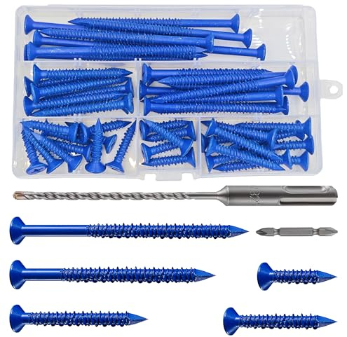 WenSilon(100 PCS) 3/16 Concrete Screw Anchor Kit Blue Flat Head for Anchoring to Masonry, Block or Brick Stucco