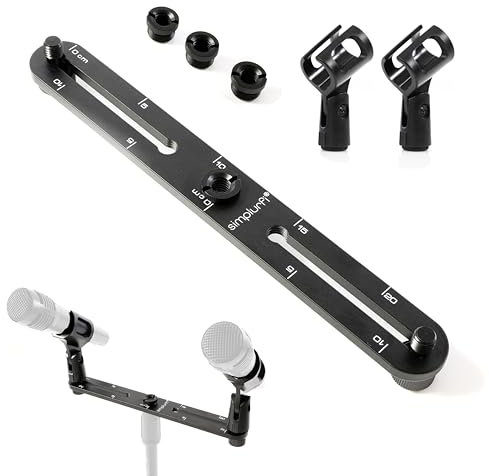 Simplurfi Support de microphone stéréo avec marquages lignés – Peut contenir 2 micros – Support de barre en T X-Y et ORTF, convient aux pieds de micro de 0,95 cm et 1,5 cm avec adaptateur inclus