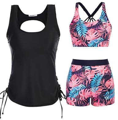 JASAMBAC 3-delad tankini för kvinnor, mage, push-up bikiniöverdel och badshorts med hög midja, enkla badkläder, sportbaddräkt, badmode för pool, strand, Rosa lila blå, M