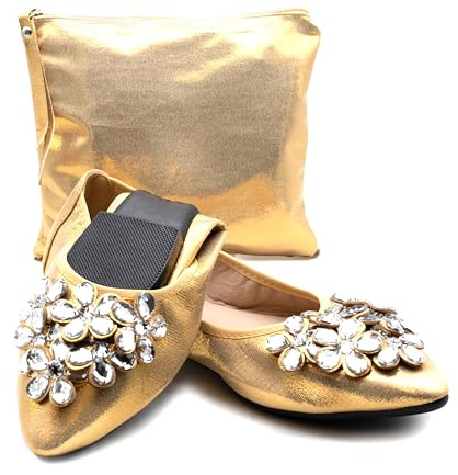 Silky Toes Foldable Flats for Women | Dressy Comfortable Pointed Toe Shoes for Weddings, Events & Travel (Gold, 7)