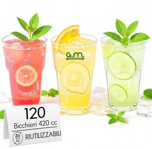 G.M. DISTRIBUZIONE 120 Bicchieri Cocktail da 420 ml, Lavabili, Trasparenti in PP, Infrangibili, Riutilizzabili, per Cocktail, Long Drink, Gin Tonic, Mojito, Aperol Spritz, Feste, Party, Made in Italy