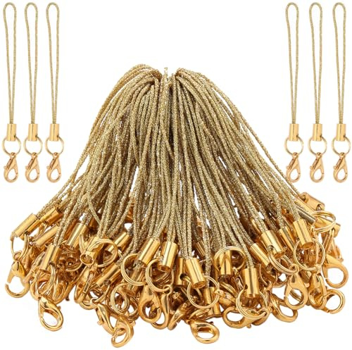 GORGECRAFT 100 Correa para Llavero de Teléfono Cuerdas de Anillo Divididas Doradas Correas de Muñeca de Mano Abalorios de Poliéster para Teléfono Móvil Cordón para Colgar Teléfono Móvil Unidad USB