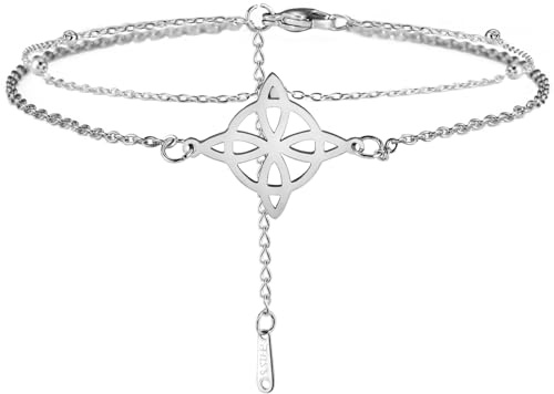 Dreamtimes Chevilles Chaine de Pieds Femme Nœud de Sorcière Acier Inoxydable Double Chaine de Pieds Bracelet de cheville Boho style plage Bijoux Wiccan (argent)
