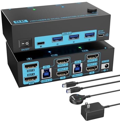8K HDMI 2.1 KVM Switch 2 PC 2 Monitore 2 IN 2 OUT Dual Monitor KVM Switches Maximale Unterstützung 8K@60Hz/4K@144Hz, mit 4 USB 3.0-Anschlüssen kabelgebundener & Fernbedienung & 2 USB 3.0-Kabeln