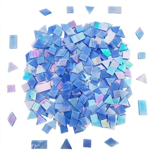 200 g schillernde Glasmosaikfliesen, 270 Stück, 4 Formen, gemischte Buntglasstücke, Zubehör für Mosais, quadratisch/dreieckig/rechteckig/rautenförmig (Himmelblau)