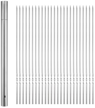 QUARKZMAN 50Pcs Brochettes en Métal de 40 cm x 2,8 mm en Acier Inoxydable, Réutilisables, pour Barbecue, Grillades, avec Tube de Rangement pour Viande, Crevettes, Fruits et Légumes