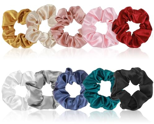 10 stycken silkescrunchie hårsnodd satin siden 10 färger hårsmycke hårrep slitstarka flätgummi för tjockt tunt hår flicka
