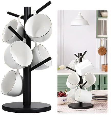YANGUN 360°Coffee Cup Holder, 13.8 Inch Mug Tree, Coffee Mug Rack with 6 Hooks, Counter Cup Holder, Cup Holders for Counter, Coffee Mug Tree for Kitchen Countertop Cabinet Coffee Bar (Black)