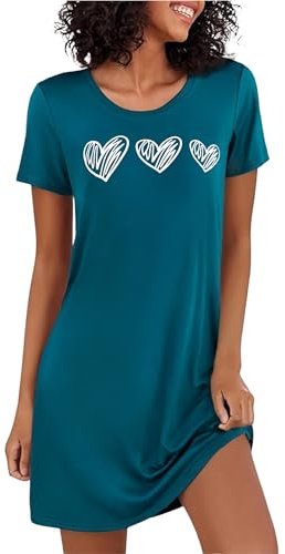 Marvmys Nighties for Women Cotton Nightdress Sleep Tee Heart Print Nightshirt Soft Sleepwear Nightwear Navy Blue M