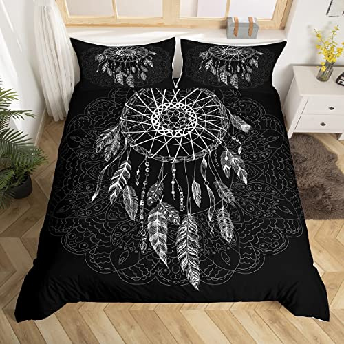 Homemissing Funda de edredón atrapasueños blanca, juego de cama bohemio mandala negro, moderno geométrico, funda de edredón boho, conjunto de ropa de cama con flores y plumas, 240x260cm