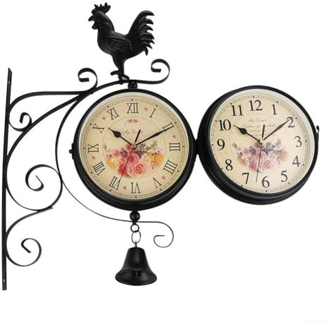 Feegow Doppelseitige Wanduhr | Retro Zifferblatt | Outdoor Gartenuhr | Vintage Leise Wanduhr 39 x 35 x 12 cm Schwarz