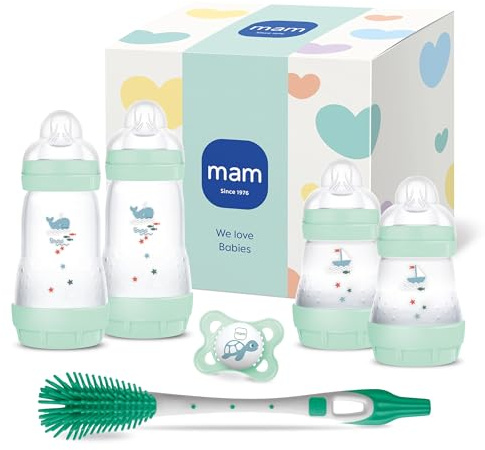 MAM Easy Start Anti-Colic Neugeborenen-Set, 0+ Monate, mint | Enthält 4 Babyflaschen, 1 Original Schnuller und 1 Soft Brush, ideal ab der Geburt