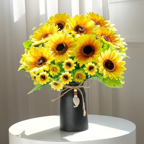 Künstliches Sonnenblumen-Arrangement in Vase, 3 Sträuße lebensechte Seiden-Sonnenblumen mit schwarzer Vase mit Juteseil und Herz-Anhänger für Heimdekoration, Büro und besondere Anlässe