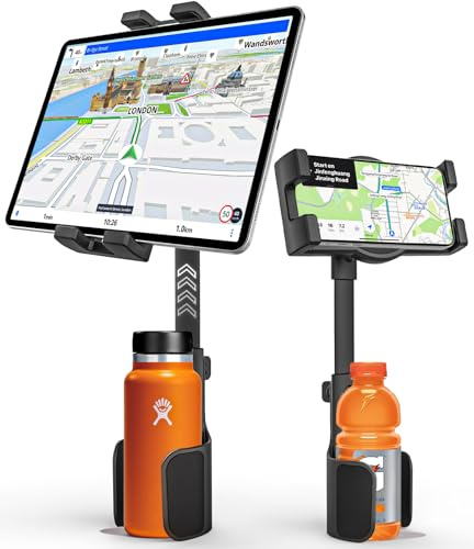 GDZN Getränkehalter Auto Tablet Halterung, [​​Flaschen aufnehmen​​] KFZ LKW Becherhalter Tablethalterungen mit Ausziehbare Arm für iPad Pro, Galaxy Tab, Air, Mini, 4.7-15.6 Zoll Geräte