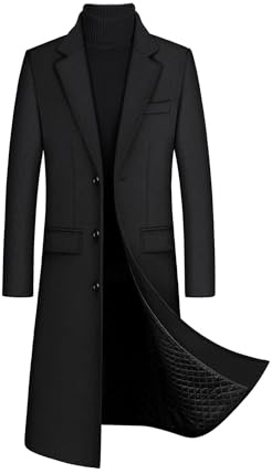 xxxiticat Men's Winter Trench Coat Long Sleeve Notch Lapel Single Breasted Quilted Cotton Long Overcoat Jacket Wool Pea Coat(BL,4XL)