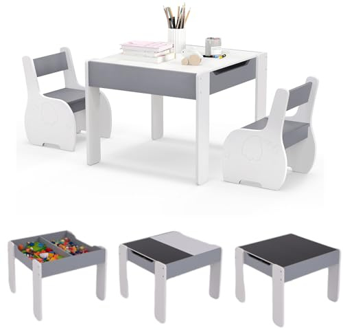 COSTWAY 4 en 1 Juego de Mesa y Silla Infantil, Mesa Infantil de Madera con 2 sillas, Manualidades, Dibujo, Mesa Escritorio Infantil con Almacenaje, Pizarra Desmontable para Guardería (Gris Oscuro)