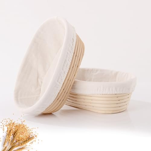 9.8 Inch Banneton Bread Proofing Basket Oval Sourdough Bread Basket Handmade Natural Brown Rattan Baking Bowls with Liner for Professional & Home Bread Baking Supplies