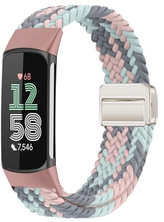 MokaZii Magnetisk flätad kompatibel med Fitbit Charge 6/Fitbit Charge 5 för män kvinnor, nylon, justerbar andningsbar, utbyte, töjbar elastisk sportrem för Fitbit Charge 6/5 – grå-blå-rosa