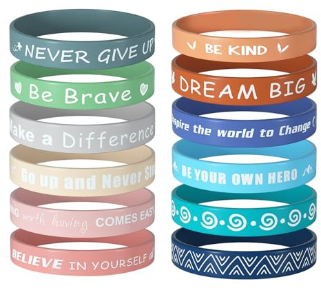 CHRORINE - Set di 48 braccialetti in silicone con citazioni motivazionali, braccialetti sportivi unisex per insegnanti, amici, studenti, regali incoraggianti, 12 modelli, Taglia unica, Silicone