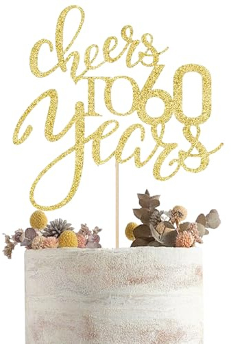 60th Birthday Cake Topper, Gold Glitter Happy 60th Birthday Cake Topper, Cheers to 60 Years Cake Decorations for Men Women 60 Birthday Wedding Anniversary Party Decorations