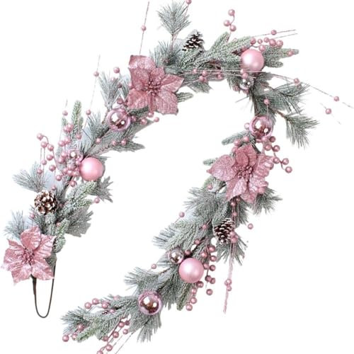 Xiyocadt Künstlicher Weihnachtskranz für die Haustür, Weihnachtsdeko Für Türen, Hängende Girlande Mit Blumen Und Schleife, Adventskranz mit verschiedenen Christbaumkugeln (Rosa,180cm)