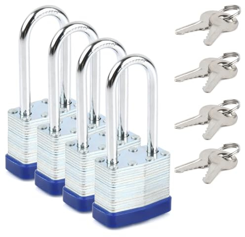 DODUOS 4 Pack Heavy Duty Padlock Keyed Alike,Long Shackle Padlock Outdoor,Padlocks with Keys Outdoor Weatherproof Locker Padlocks,Pad Lock with Key for Gym Locker School Garage Fence Shed(8 Same Keys)