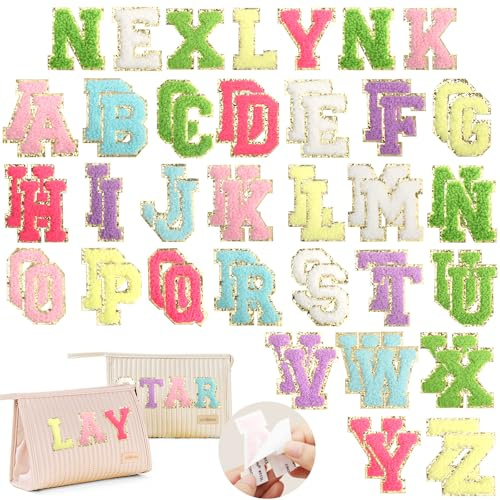 52 Stück selbstklebende Buchstaben Aufnäher Chenille Buchstaben Aufkleber Mehrfarbig A-Z gestickte Applique Aufnäher Alphabet Stoffaufnäher für Kleidung Taschen Hüte Schuhe DIY Zubehör