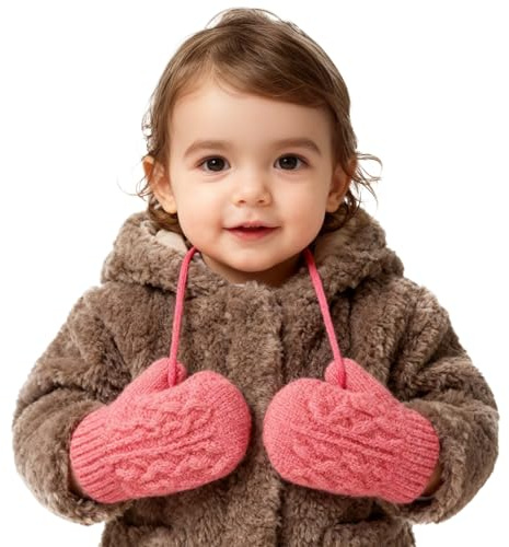 FakeFace Süße Kleinkind Fäustlinge mit Schnur Baby 1-3 Jahre Handschuhe Bär Fäustlinge Fleece-Futter Gestrickte Winter Strickhandschuhe Kinder Fäustlinge Warme Thermohandschuhe Kind