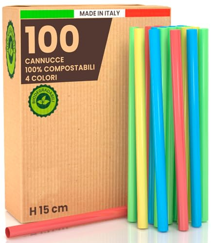 100 Pajitas de Colores Anchas Jumbo para Cócteles, Cañitas 15 cm x 8 mm Reutilizables, Ideales para Fiestas, Eventos, Bebidas, Fabricadas en Italia, Rígidas, Ecológicas, Biodegradables, Compostables