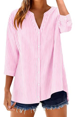 LOMON Cotton 3/4 Sleeve Button Down Shirts for Women Gingham Plaid Striped Tops V Neck Casual Loose Blouse
