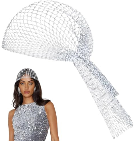 Copricapo a Rete con Strass Argento, Fascia Capelli Elastica Scintillante per Donna e Ragazza, Turbante Cristallo per Feste in Discoteca, Accessori Costumi Nightclub