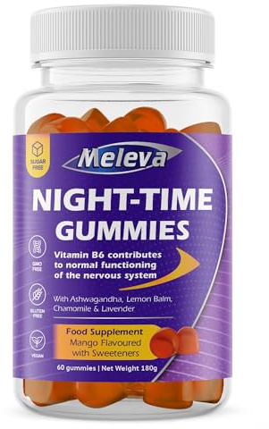 Meleva Night-Time Sleep Gummies for Adults - Ashwagandha, Vitamin B6, Lemon Balm, Chamomile, Lavender - Tiredness & Fatigue - 60 Sugar Free Sleeping Gummies - Natural Mango Flavour, Vegan