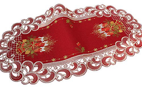HanaQi Weihnachten Tischläufer Tischdecke Dunkelrot Leinenoptik Rot Kerzen Stickerei (ca. 35x70 cm Oval)