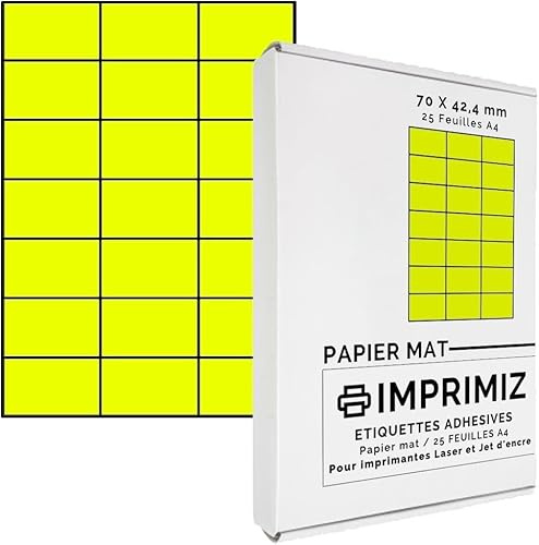 525 Selbstklebende Etiketten neongelb von 70 x 42 mm - 21 Etiketten/Blatt - 25 Blatt A4 / Papier matt - Farbe - Für Kunstdruck Laser und Tintenstrahldrucker
