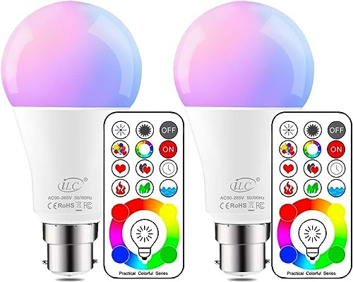 iLC B22 LED Colour Changing Light Bulb, 75W Equivalent with Remote Control RGBW Bayonet - 120 Different Color Choices – RGB and Cool White 5700K Coloured – Timing Function (2 Packs)