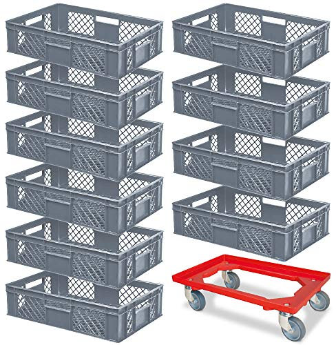 BRB 10 Eurobehälter, LxBxH 600x400x150 mm, Industriequalität, lebensmittelecht + 1 Transportroller mit Deck aus bruchsicherem ABS-Kunststoff (grau/rot)
