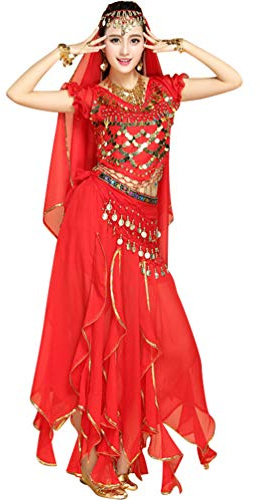 TianBin Volkstanzkostüm Tanzkostüm Bauchtanz-Kostüm Set für Damen Pailletten Top Volant-Rock (Rot#4, One Size)