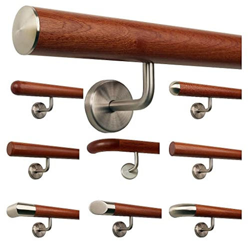 TIBU - Corrimano in legno di mogano, corrimano per scale con maniglia, supporti angolari in acciaio inox, lunghezza da 30-500 cm in un unico pezzo, lunghezza 160 cm con 3 supporti - Estremità con