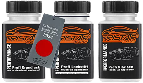 TRISTARcolor Autolack Lackstifte für Mercedes 3334 Hyazinthrot Metallic +1K | für Mercedes / Daimler Benz, Set aus Grundlack + Basislack + Klarlack, Lackfläschchen mit Pinsel, je 50ml