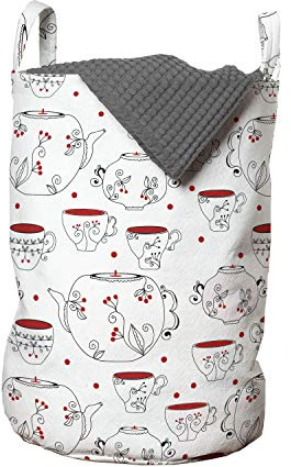 Ambesonne Tea Party Laundry Bag, Doodle Style Crockery Illustration of Floral Patterned Kettles and Cups, Hamper Basket with Handles Drawstring Closure for Laundromats, 13 x 19, Red Black White