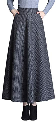RIZ-ZOAWD Jupe Longue Femme Vintage Élégant Houndstooth Maxi Jupes Laine Hiver Chaud Mode Taille élastique A-Ligne Taille Haute Jupe plissée Gris foncé-XXL