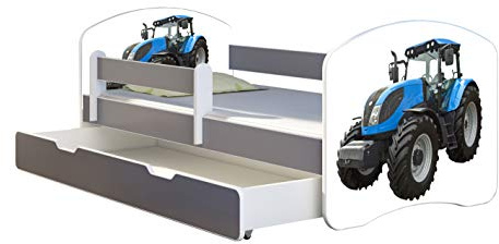 ACMA Kinderbett Jugendbett mit Einer Schublade und Matratze Grau mit Rausfallschutz Lattenrost II Spielbett Kinderzimmer Möbel (42 Traktor, 180x80 + Bettkasten)