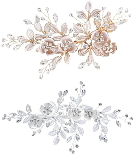 Smavles Hochzeit Haarspange Strass 2 Stück Hochzeit Haarschmuck Braut Kopfschmuck Blume Kristall Brautschmuck Silber und Roségold Hochzeit Kopfschmuck für Frauen und Mädchen
